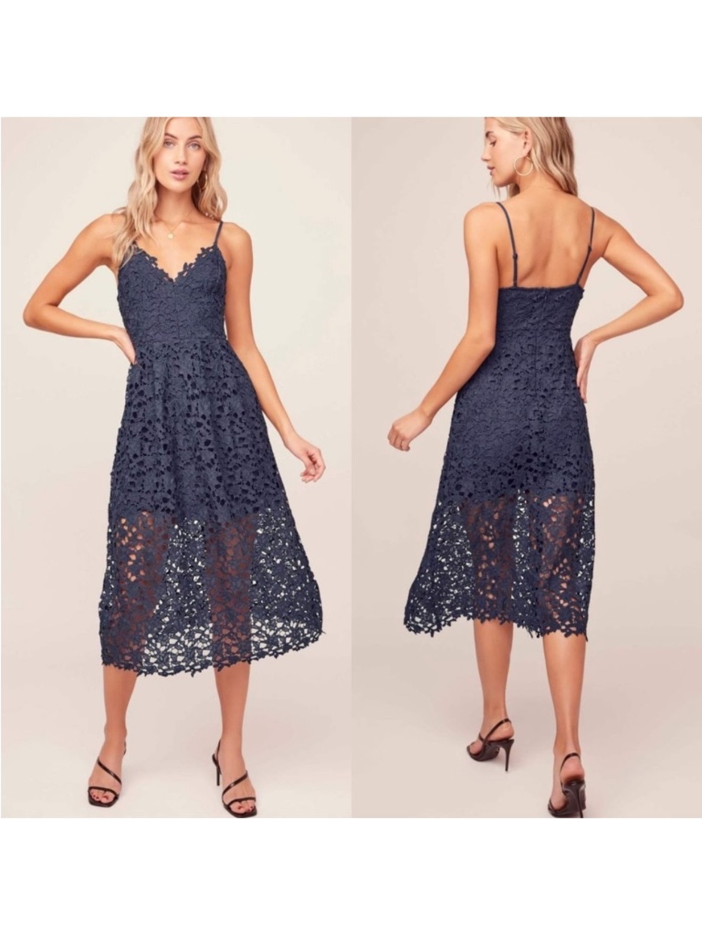 Astr Navy Lace Midi Dress with Spaghetti Straps